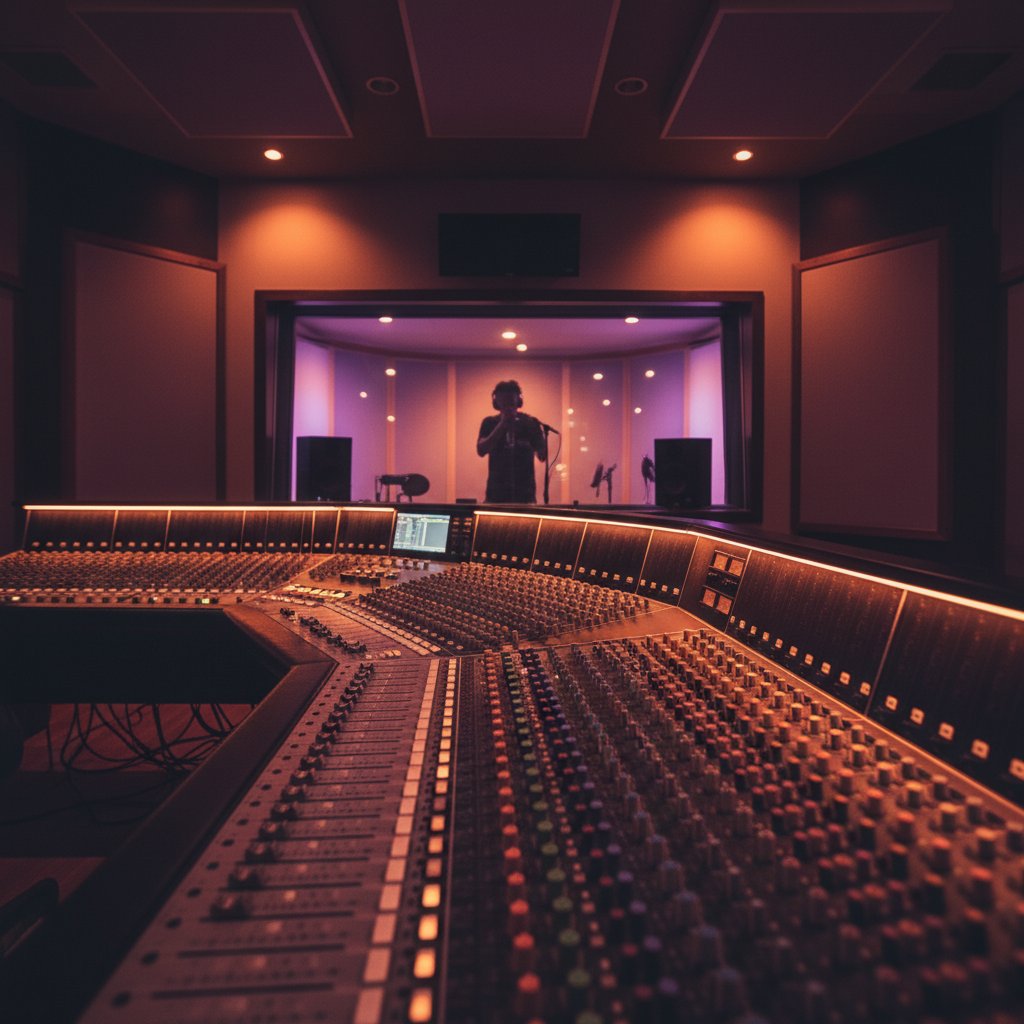 Professional recording studio control room with mixing console and monitors at Havegi London